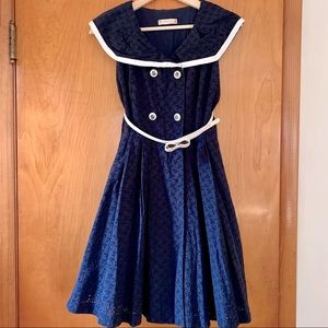 Retro Vintage Navy Sailor Eyelet Midi Dress